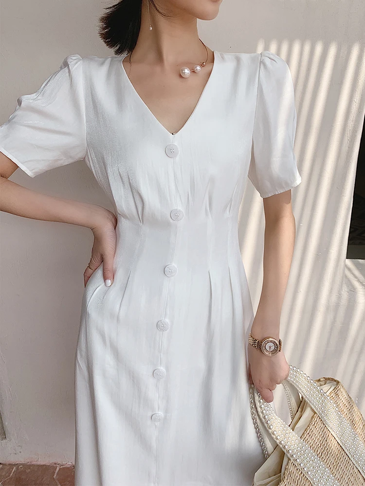 Женское шелковое атласное платье элегантное белое однобортное во французском