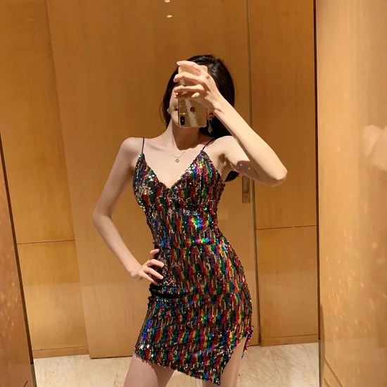 Новый клубный сексуальный костюм для дискотеки разноцветные блестки мини-платье