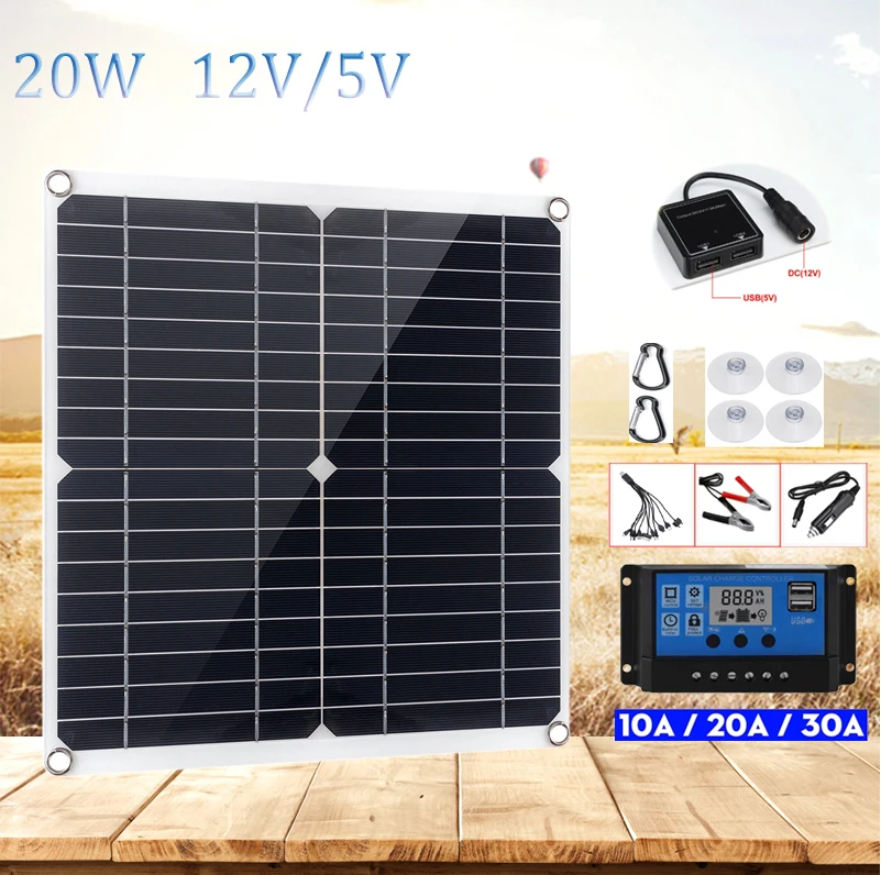 Фото Панель Солнечная водонепроницаемая 20 Вт 5 В 12 постоянного тока с контроллером