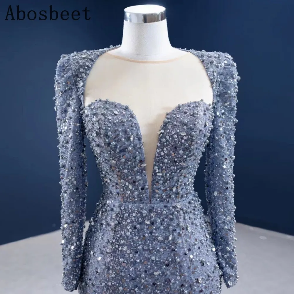 Grey Evening Dress Long Sleeve with Chapel Train Shining Beads Mermaid Evening Gown Formal Women Prom Party Gowns Lace Up Back