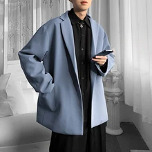 Blazer de luxe bleu pour homme, classique, noir, bleu, kaki, Style japonais, décontracté, mode automne printemps, costume Long et ample  (4)