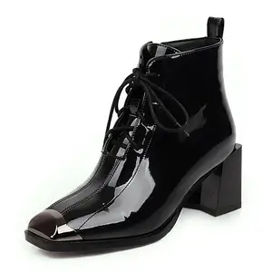 The First Layer Of Cowhide Smooth Stitching Square Toe Patent Leather Lace Ankle Boots Velvet 2020 Warm Women's Boot Side Zipper The First Layer Of Cowhide Smooth Stitching Square Toe Patent Leather Lace Ankle Boots Velvet 2020 Warm Women's Boot Side Zipper