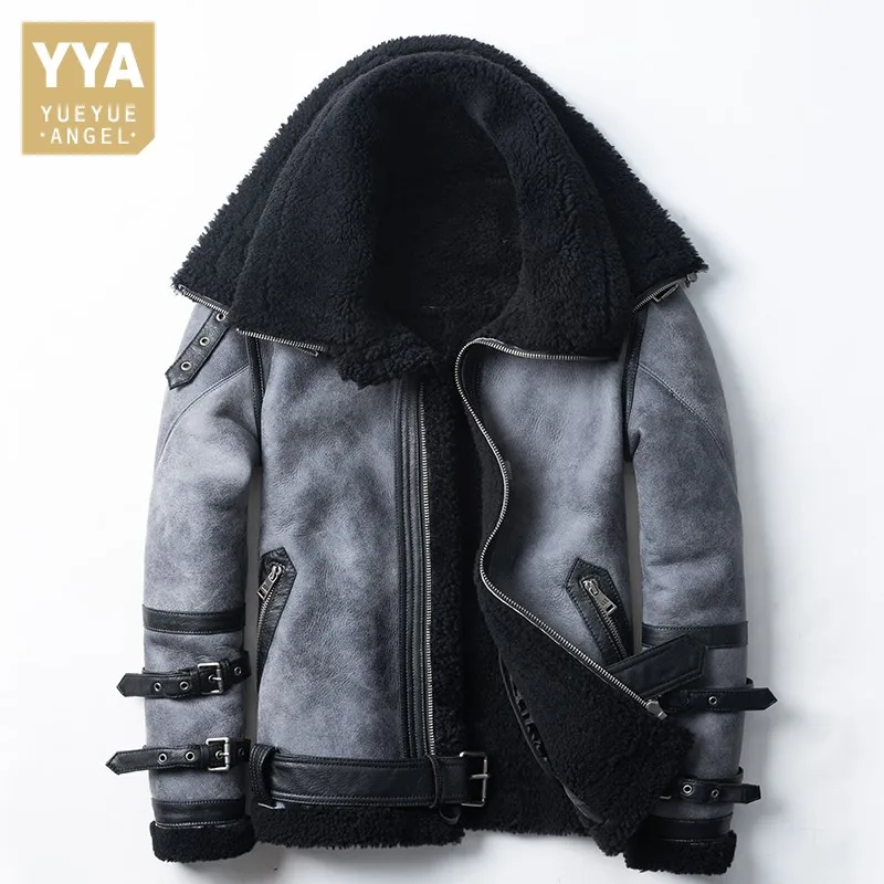 

Fashion Mens Shearling Motorcycle Jacket Winter Real Fur Double Lapel Genuine Leather Jackets Streetwear Men Warm Sheepskin Coat