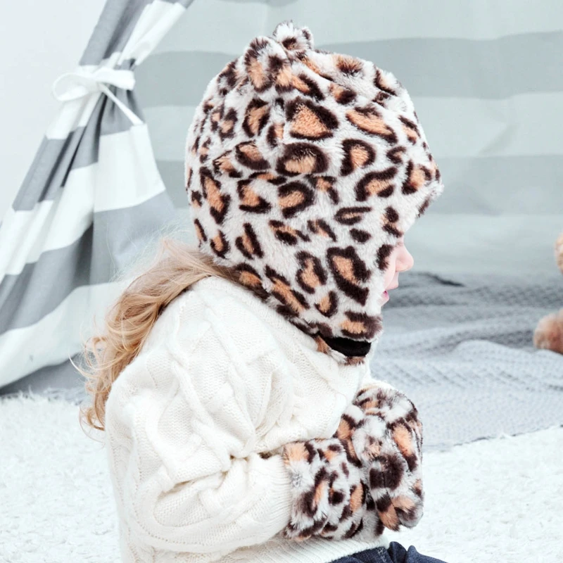 

Winter Warm Baby Leopard Pattern Earflap Hat Gloves Set Cute Ears Beanies Mitten Kit for Toddler Girls Boys