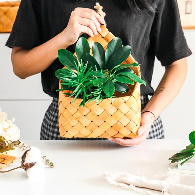

Flowerpot Wall Decoration Storage Basket Natural Cedar Sheet Woven Wall Hanging Basket Garden Decors Storage Container