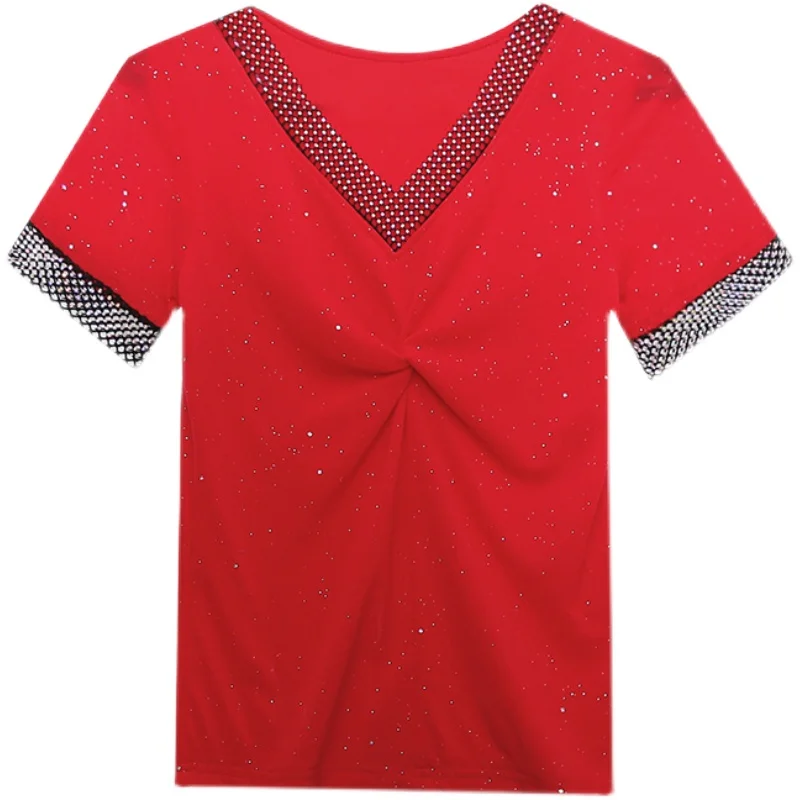 

Women's T-Shirt New 2021 Summer Short Sleeve Mesh Tops Shirt Elegant Slim Solid Color Diamond Blusas Plus Size Clothes