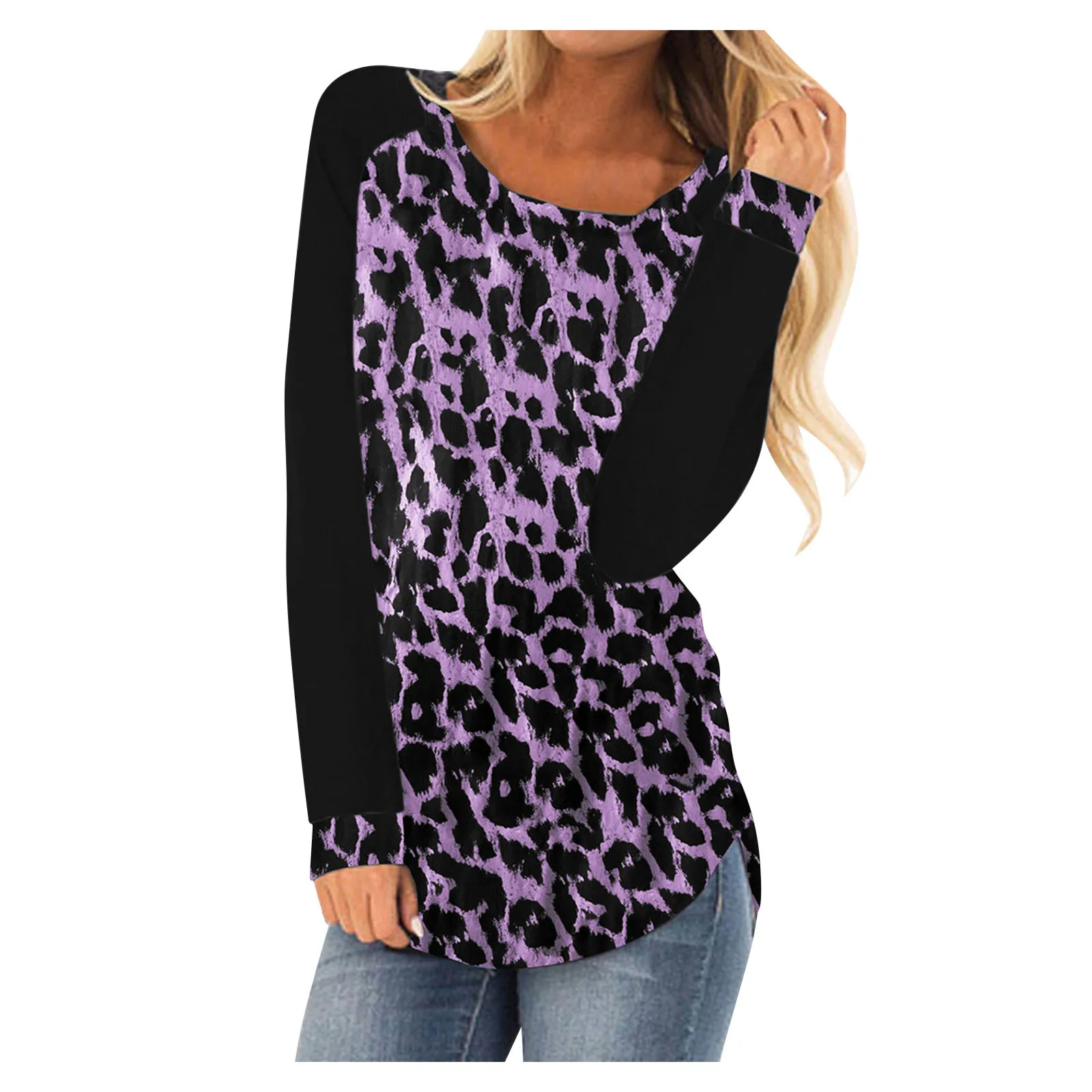 

Футболка женская с леопардовым принтом, модный топ в стиле пэчворк, с круглым вырезом и длинным рукавом, Повседневная Уличная одежда, на осе...