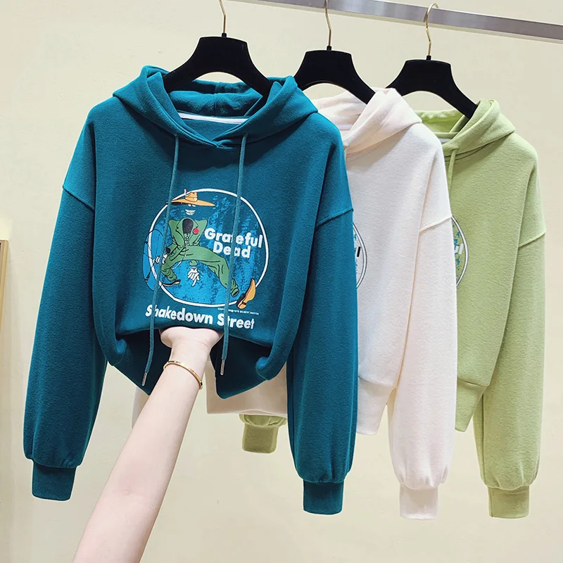 Autumn Korean Design Printing Sweatshirt Creativity Pullover Short Hooded Tops Moletom Feminino 2021