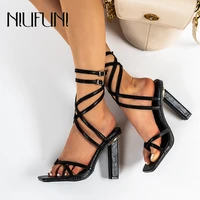 ankle strap cross buckle women sandals size 35 42 gladiator sexy clip toes thick high heels open toe hollow summer pumps shallow