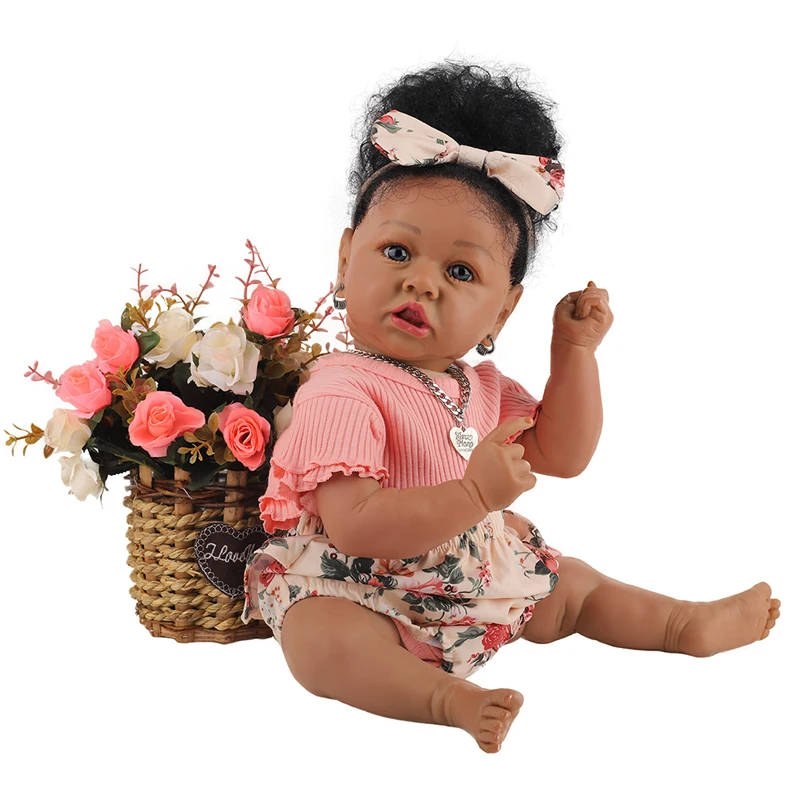 

58CM Reborn Toddler Lifelike Saskia In Dark Brown Skin African American Cuddly Baby Girl Doll Hand-rooted Hair Reborn Baby Girl