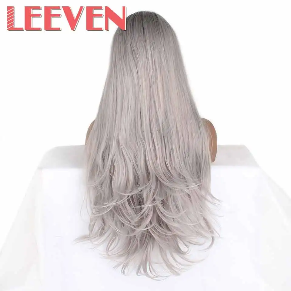 T1B/светло-серый Leeven 24 ''Розовый Оранжевый Фиолетовый парик фронта шнурка медный красный длинные волнистые синтетические парики с детскими волосами 613 блонд имбирный парик - Цвет: T1B/светло-серый