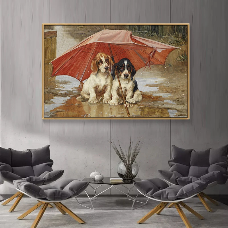 Poor Two Dogs under the Shabby Umbrella Oil Painting Prints on Canvas Wall Art Decorative Picture for Living Room Decor No Frame | Дом и сад
