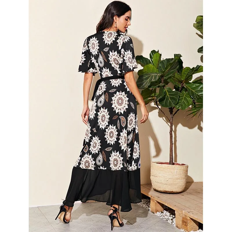 2020 Новое модное женское шифоновое платье с принтом асимметричное богемное