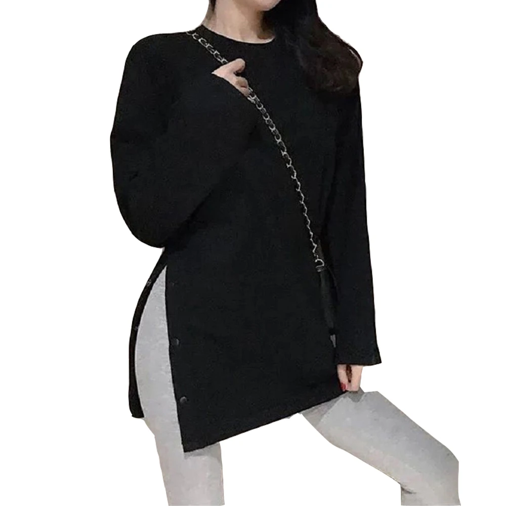 

Autumn Spring Basic Solid T-shirt Women Casual Buttons Long Sleeve Tee-Shirts Female Tops Crew Neck Women Nice Pop Pop S-XL