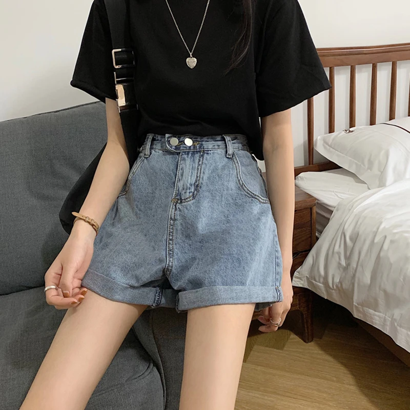 

Hot Girl Curling Denim Shorts Women's Summer 2021 New High Waist Slimming Chic Elegant Loose A- line Hot Pants Fashion