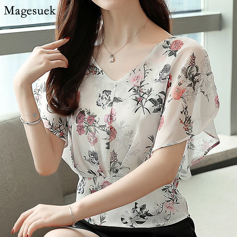 

Casual Print Chiffon Shirt Tops Casual Plus Size New Summer Blouse Women V-neck Ruffles Short Sleeve Ladies Blouses Blusas 8836