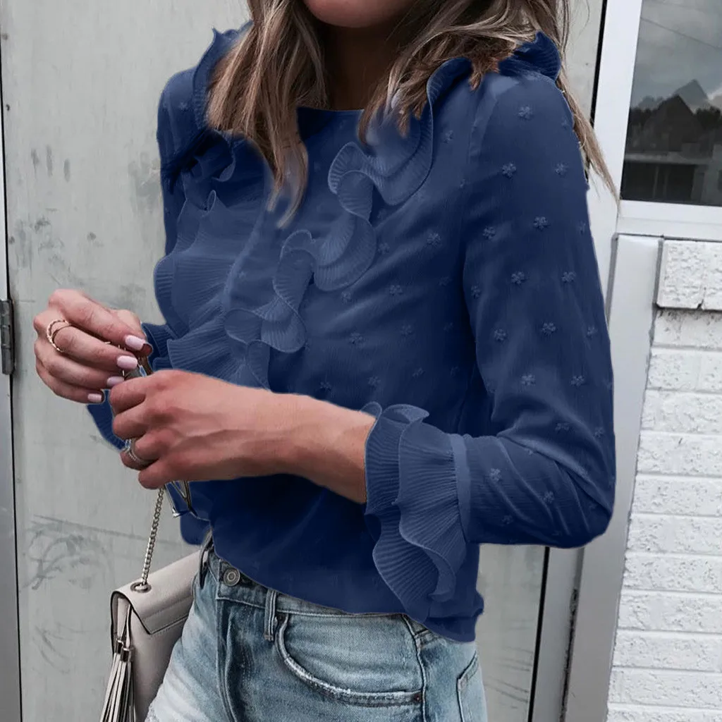 Осенняя женская футболка с длинным рукавом 2020 кружевная Повседневная в горошек