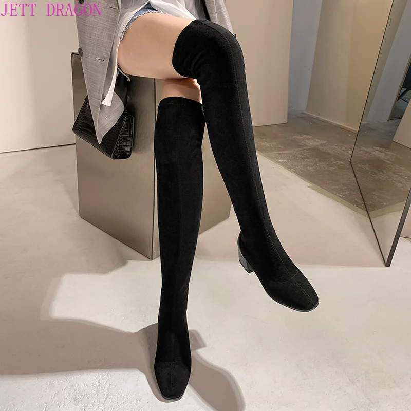 

Женские эластичные сапоги до колена, черные сапоги без застежки, на толстом высоком каблуке, размеры 34-43, для осени и зимы, 2021
