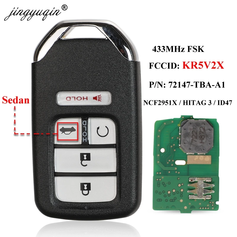 Jingyuqin akıllı uzaktan anahtar Fob 433MHz ID47 çip 5 düğme için Honda Civic EX ve tur 2016 2017 2018 -FCC: KR5V2X