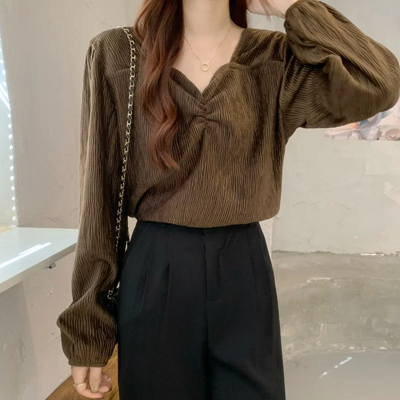 French Pleated Square Neck Long Sleeve Shirt Women's Clothing Spring Autumn 2021 Design Sense Short Chic Top Rac | Женская одежда