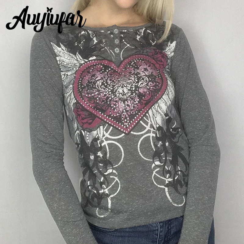

Auyiufar Fairy Grunge Button Rhinestone Long Sleeve Tees Wing Heart Print Streetwear Y2k Top Vintage Goblincore Women Fall Tops