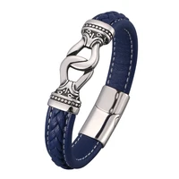 blue leather handmade bracelets men jewelry vintage totem stainless steel magnetic buckle bangle punk male wristband gift pd0813