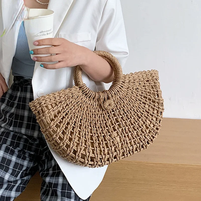 

Fashion Straw Bag Summer New Style Hand-Woven Hollow Handbag Moon Shape Rattan Bag Big Capacity Handbag Casual Travel Beach Bag