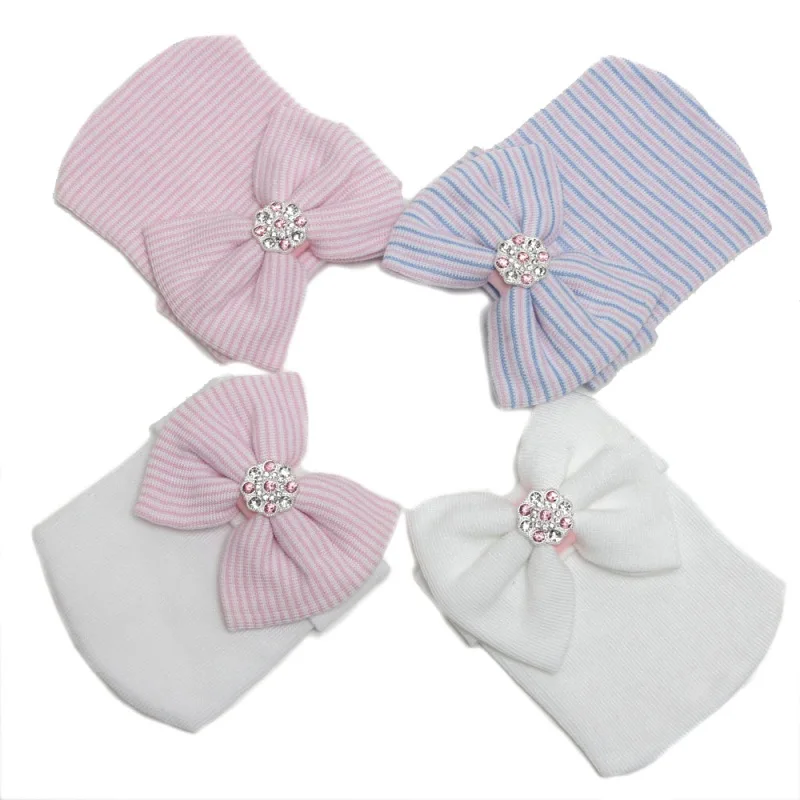 Newborn Baby Girl Boys Cute Striped Bowknot Hospital Hat Beanie Stretchy Cap With Shiny Diamonds hot | Детская одежда и обувь