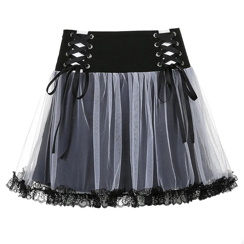

Women Gothic Punk High Waist Pleated Mini Skirt Double Layer Mesh Tulle Patchwork Crisscross Tied Up Ruffled Lace Hem Harajuk