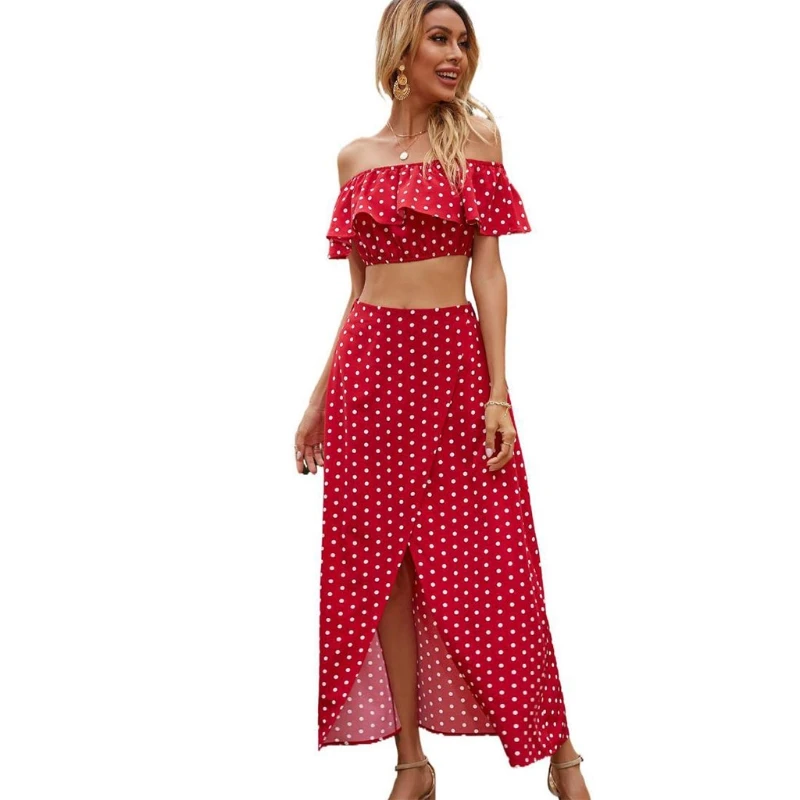 

Женский комплект одежды из 2 предметов 2021, летний женский короткий топ с открытыми плечами в горошек и длинная юбка, Женский Повседневный пр...