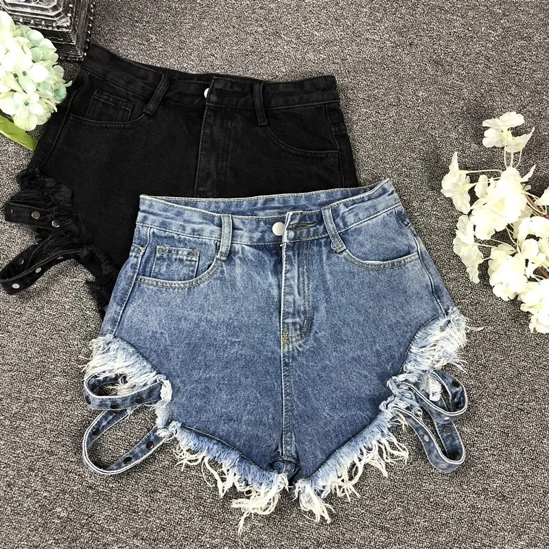 Женские джинсовые шорты с бахромой черные или синие в стиле Харадзюку весна 2019 |