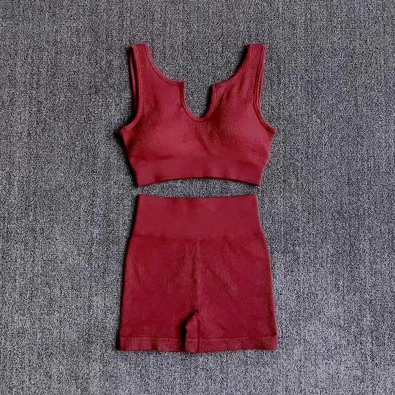 

GAUENEEN High Waist Yoga Shorts Sets Seamless Sports Suit Gym Clothes Fitness Women Sports Bra Ribbed Workout Set Outfits