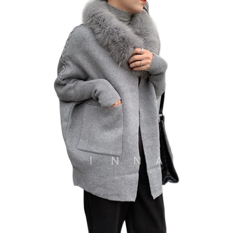 Sweater Women Time-limited Solid Long 2020 New Woman Sweater Fox Fur Collar Bat Sleeve Knitted Cardigan Loose Large Size Outer