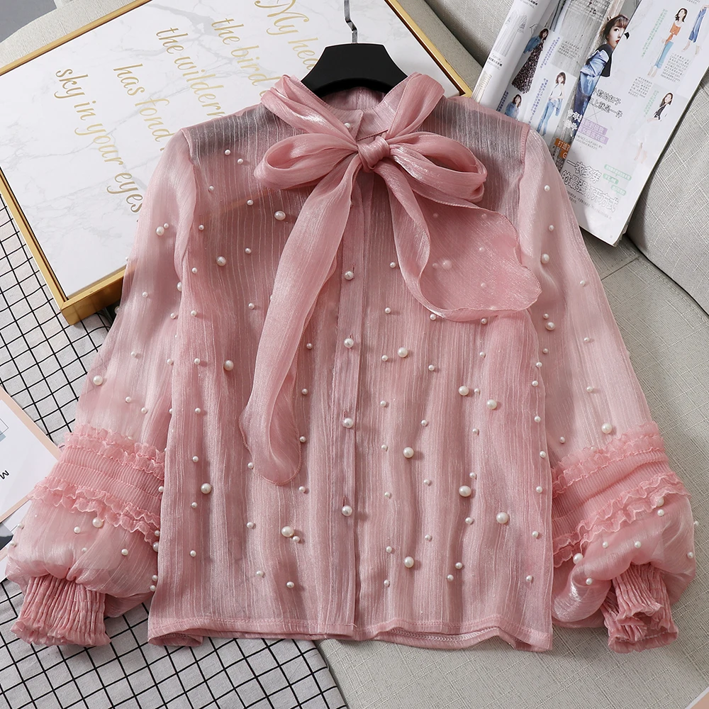 

Женская шифоновая блузка, с рукавами-фонариками, бантом и жемчужными бусинами