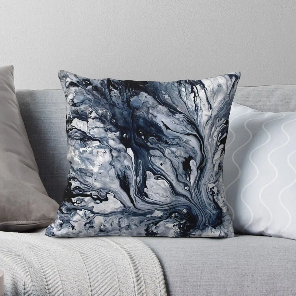 

Navy Blue Marble Square Pillowcase Polyester Linen Velvet Creative Zip Decor Room Cushion Cover