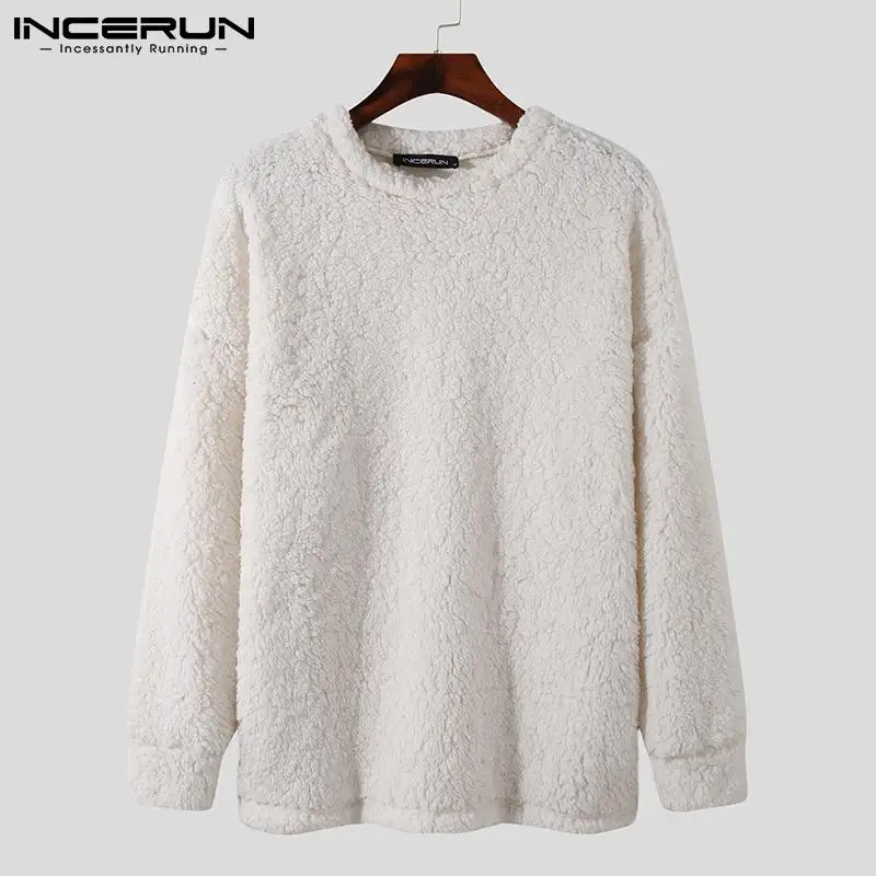 INCERUN Tops 2022 New Men American Style Solid Color Comfortable Plush Round Neck Casual Streetwear Loose Pullover Sweater S-5XL