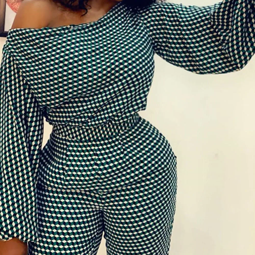 Jumpsuit Autumn Women 2020 Green One Shoulder Sexy Rompers Long Lantern Sleeve High Waist Female Striped Jumpsuits |