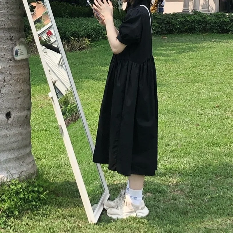 

Korejepo Women Dress 2021 Summer Ladies Simple Temperament College Style Bowknot Decoration Lace Solid Color Slimming Vestidos