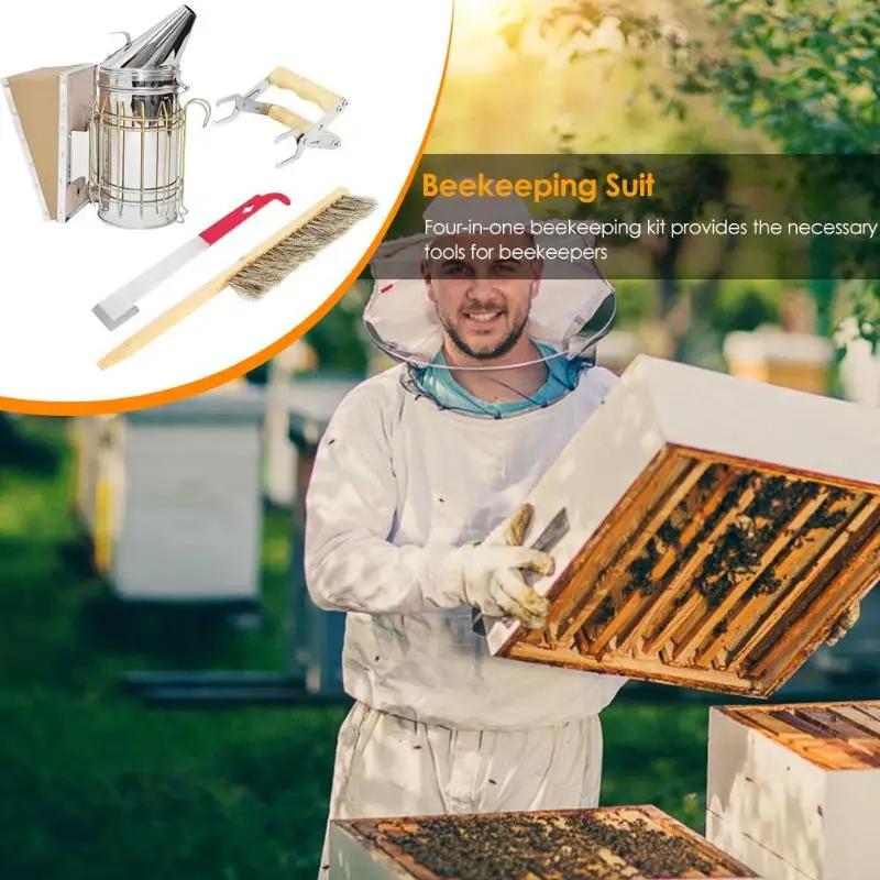 

4pcs Stainless Steel Beekeeping Kit Tools Bees Smoker Sprayer Honey Fork Scraper Necessary Household Beekeeping Supplies