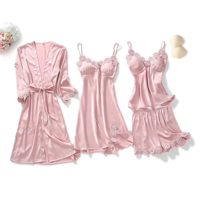 

Women Lace Satin Pajamas Gown Set V-Neck Cami Nighties Wear Pijama 5Pcs Robe Sleep Suit Home Nightwear Spring Nightdress