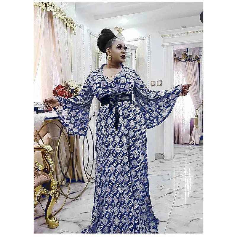 2021 Muslim new plus size 3XL chiffon V-neck printed letters waist slim slimming dress Islamic clothing