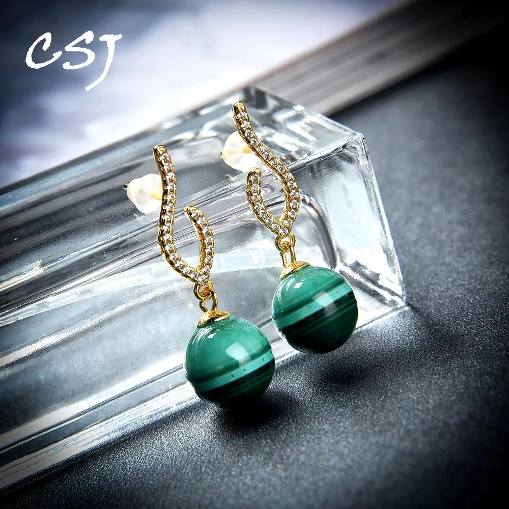 

CSJ Natural Green Malachite Earrings 925 Sterling Silver High Quality Gemstone Jewelry for Women Lady Wedding Party Gift