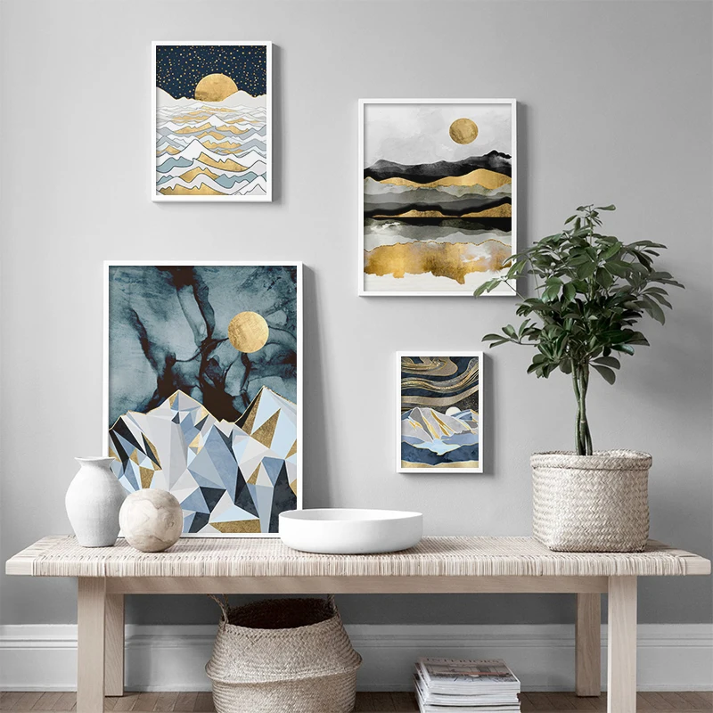 

Nordic Abstract Landscape Mountain Sunrise Wall Art Canvas Painting Sun Moon Stars Art Poster Print Wall Picture for Living Room