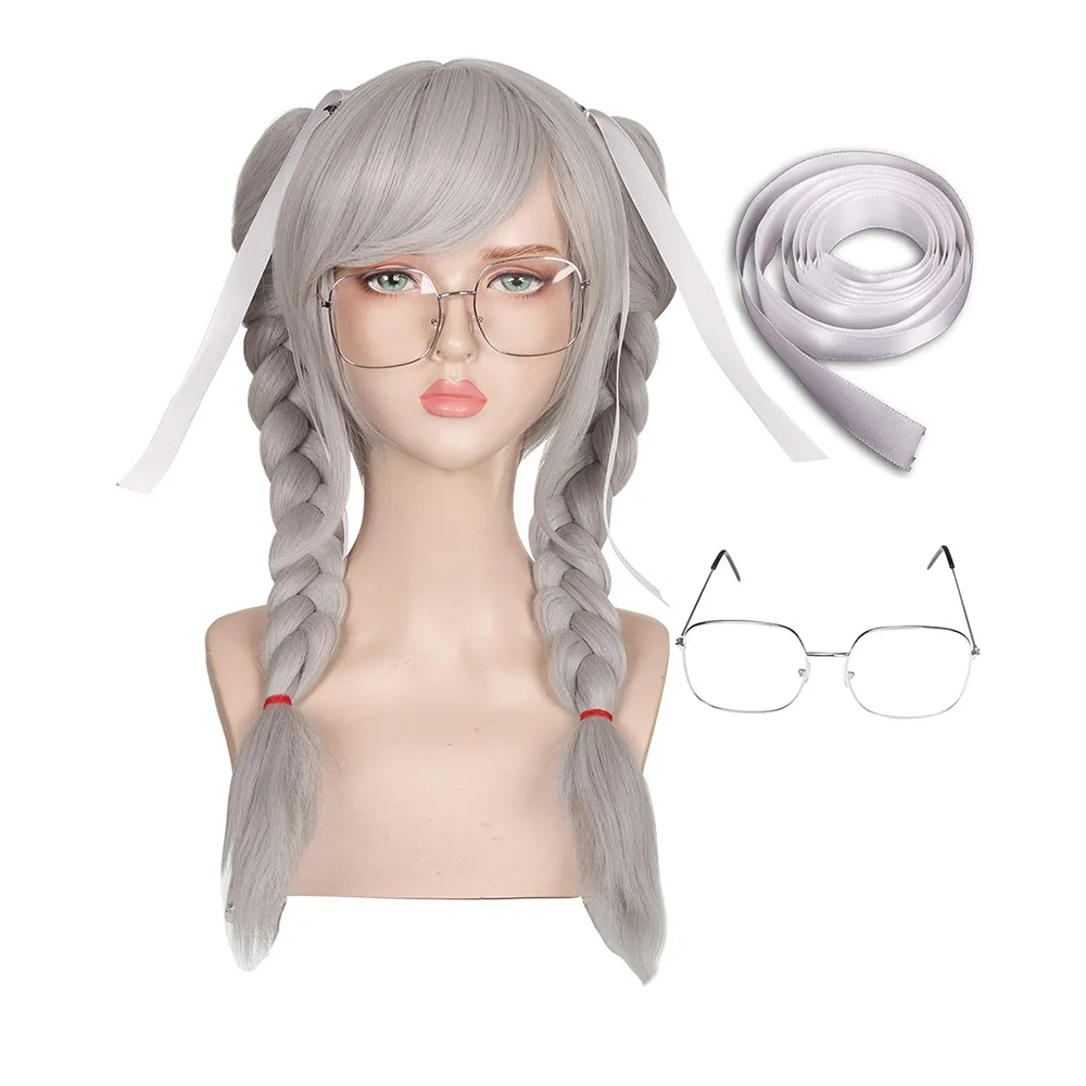 FGYWIGS Anime Danganronpa Dangan Ronpa Peko Pekoyama Silver and White Double Ponytail Braided Cosplay Halloween Synthetic Wig