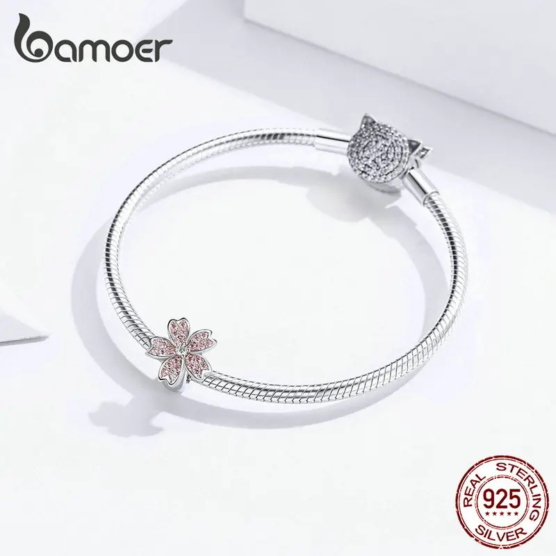 Bamoer розовый цветок вишни Шарм пробки для женщин 925 пробы серебряный браслет с шармами и браслет европейские ювелирные изделия SCC1291