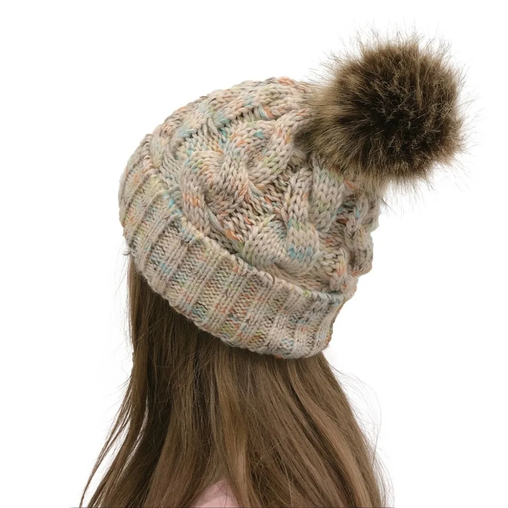 Вязаные зимние женские шапки Skullies, женские шапочки с помпоном, Повседневная вязаная шапка, дамская модная громоздкая шапочка, теплая шапка s, шерстяная шапка