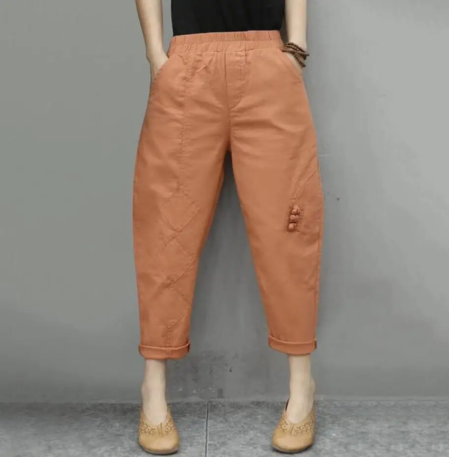 

Spring summer new cropped trousers women's thin cotton linen patch disc buckle elastic waist loose retro harem pants r1445