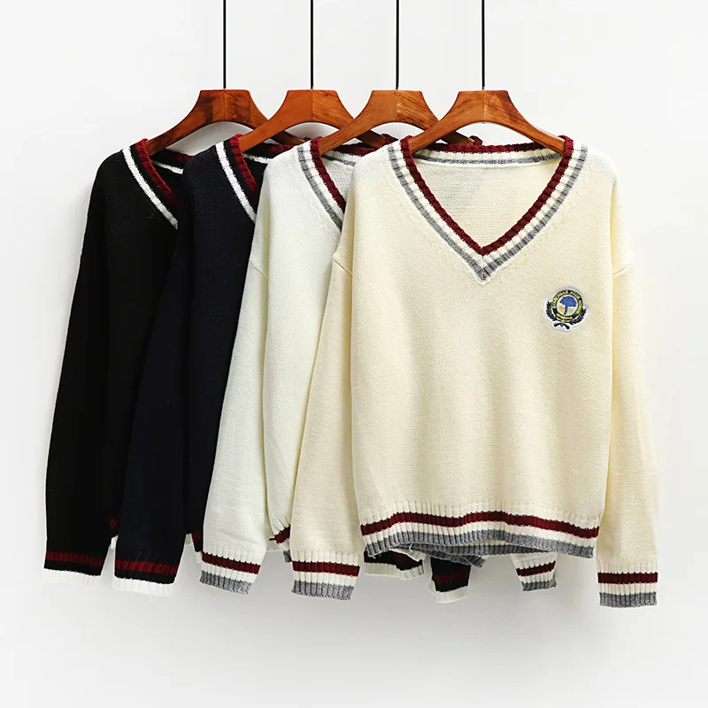 

Women Sweater Pullover 2020 Autumn New Fashion Knit Embroidery V Neck Cute Girl Loose Casual British Style Sweater Top Outerwear