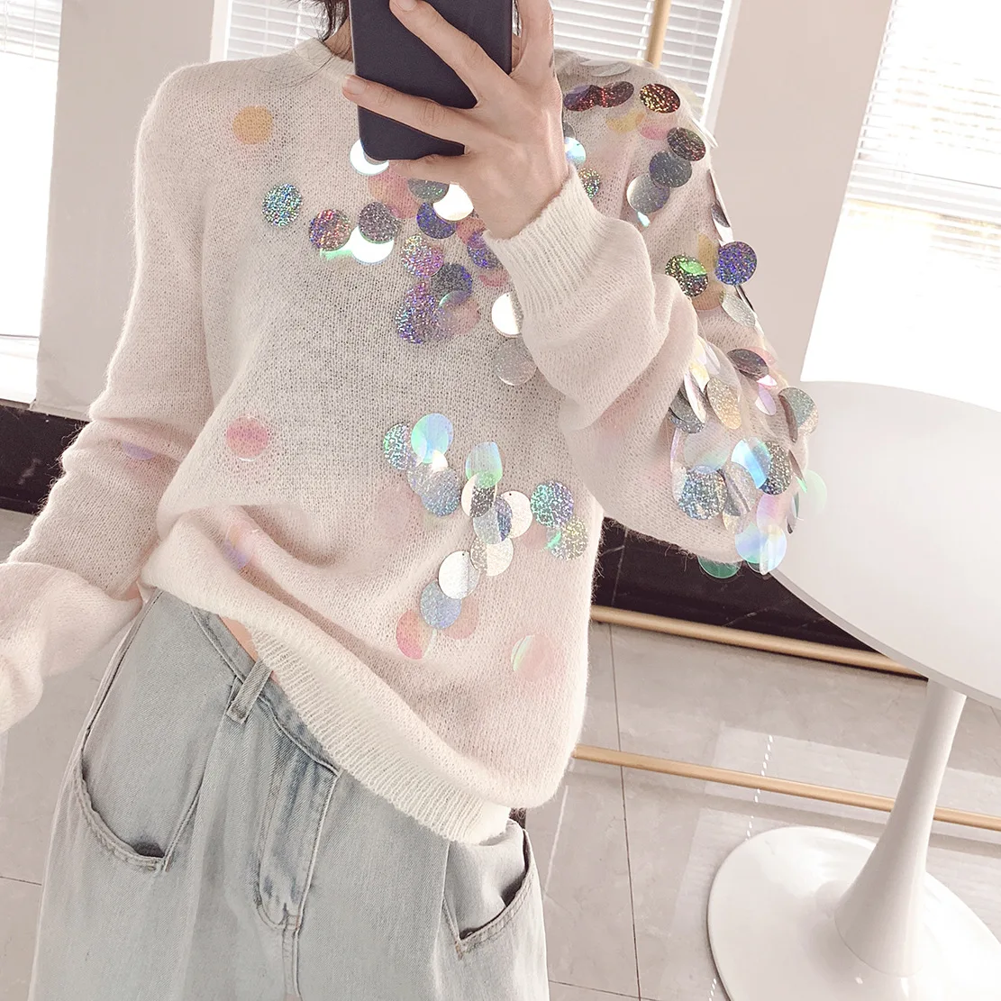 Женский трикотажный свитер в Корейском стиле с радужными блестками виде рыбьей