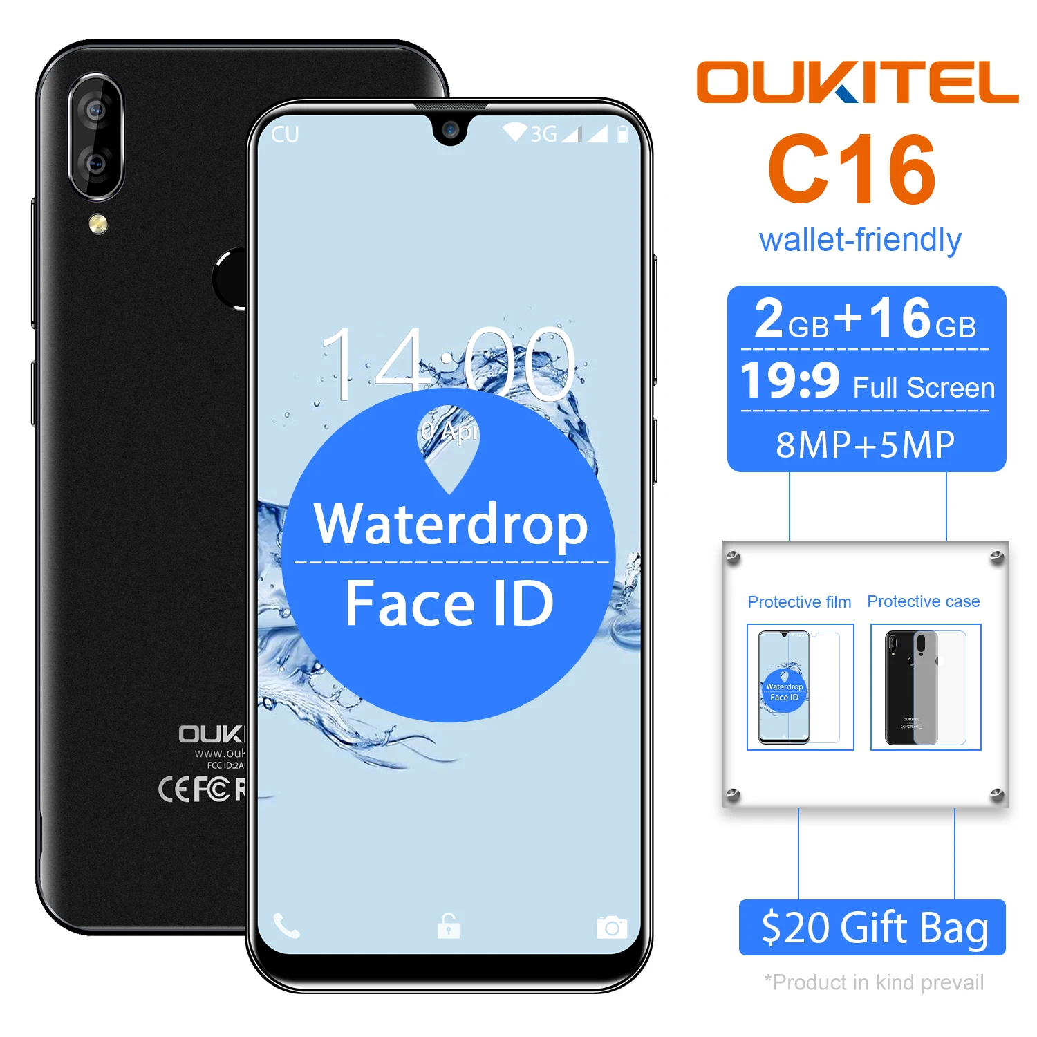 OUKITEL C16 5.71HD + водонепроницаемый экран 3g смартфон MT6580P четырехъядерный 2 ГБ 16 Android 9 0
